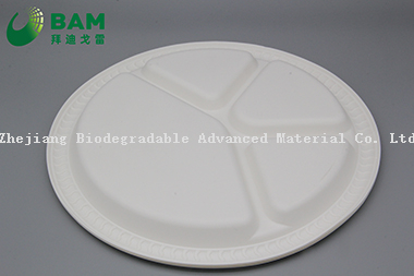 Fully Biodegradable Dividing 4 Compartment Compostable Sugarcane Plant Fiber Bakery Takeaway Food Package Round Plate for Dessert Cake